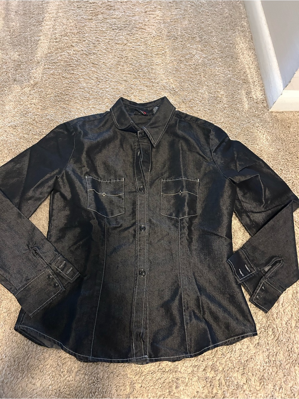 New York Jean Women Top Black Denim Button-Up type L)long sleeves tailored fit